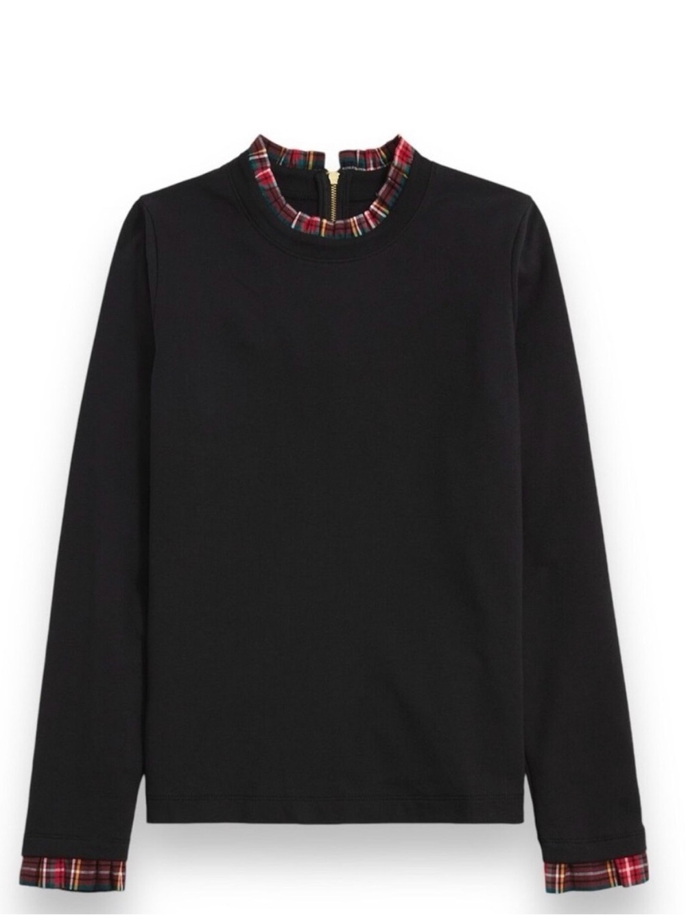 J. Crew Factory Black Long-Sleeve Top with Red Plaid Trim